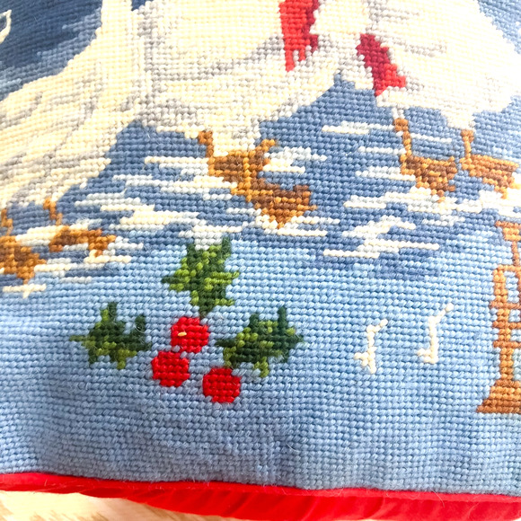Vintage 14in Christmas Needlepoint Pillow Geese Musical Notes Snow Steinwinder - Picture 5 of 8